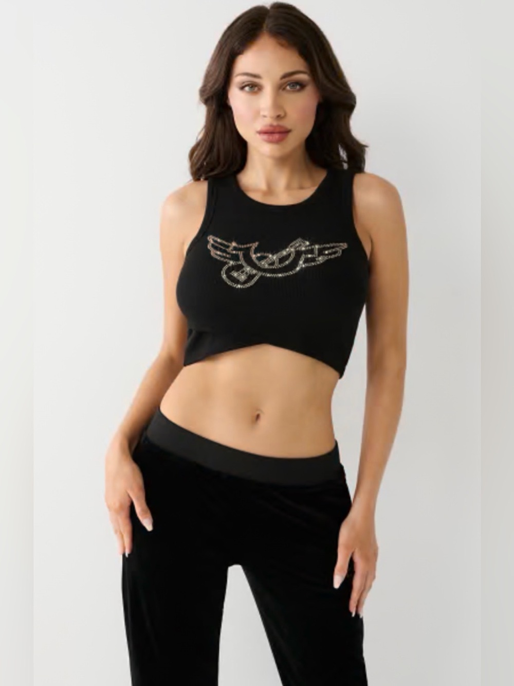 True Religion Crystal Crop Tank Top Black Rhinestone Wings Ribbed NWT Sz Small